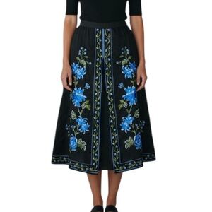 Anne Carson Boho Chic Linen Floral Embroidered A Line Skirt Size 10 Black Blue